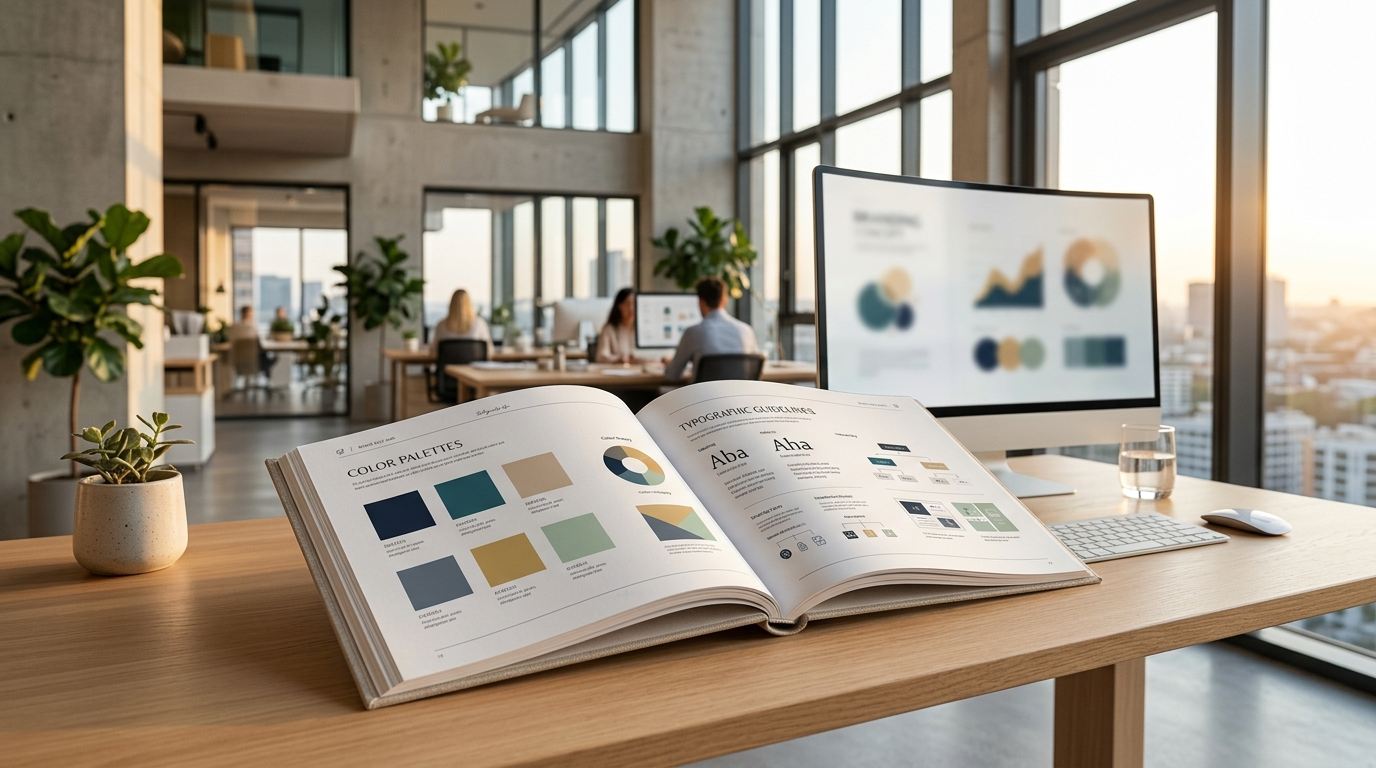 Comprehensive brand style guide presentation book open with color palettes and typography rules