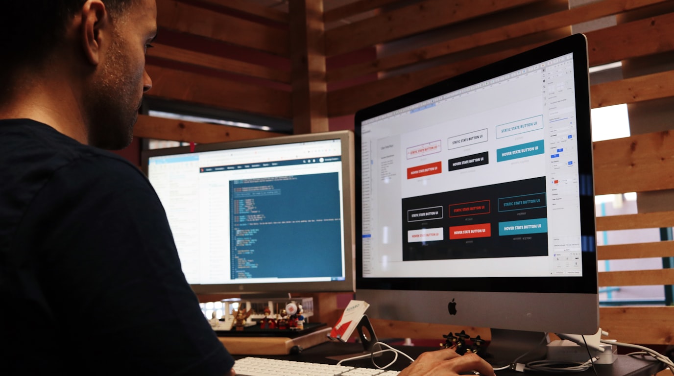 Digital content design workspace with tablet, creative assets, and color swatches