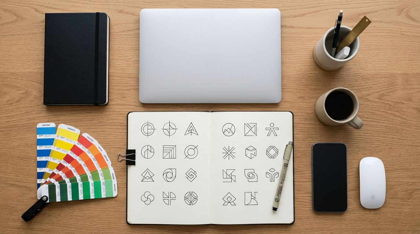 Modern logo design concepts and geometric sketches on a clean designer studio desk