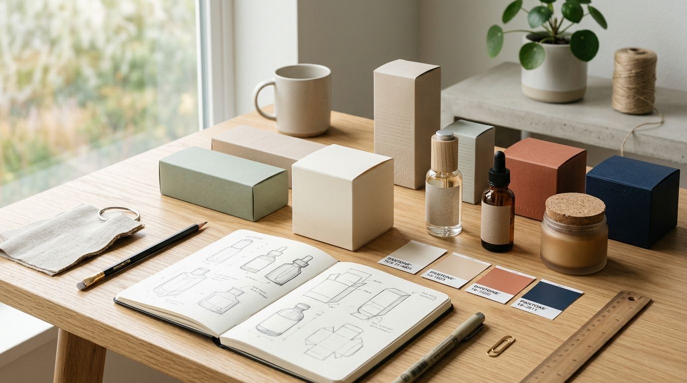 Minimalist boutique product packaging prototypes and die-line sketches on a studio table