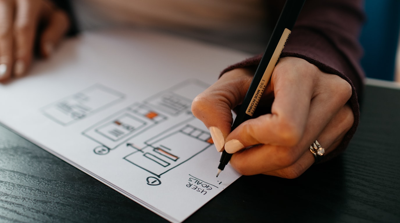 UI/UX designer workstation with modern wireframe architecture and responsive website layouts